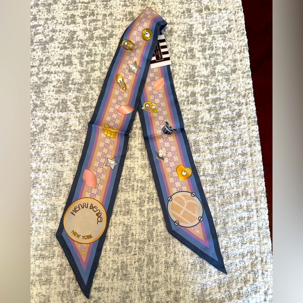 HENRI BENDEL WHIMSY HB ICONS WITH CRYSTALS SKINNY MINI SILK SCARF NWT PRICE FIRM